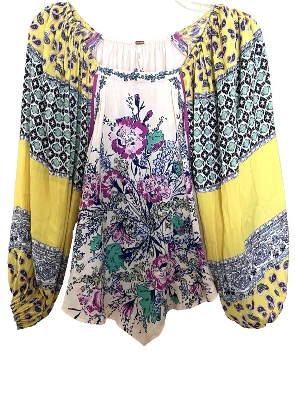 Free People Positano Blouse Top Size XS Floral Off the Shoulder Balloon Sleeves